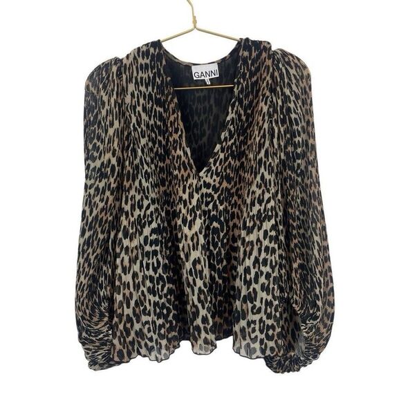 GANNI Leopard Print Oversized Bubble Sleep Blouse Size 36 /Small  100% Polyester - Picture 1 of 8